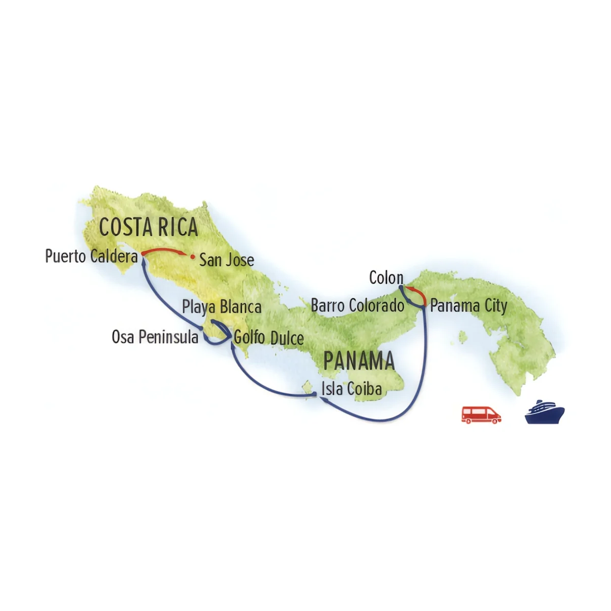 Trip map for Costa Rica & the Panama Canal