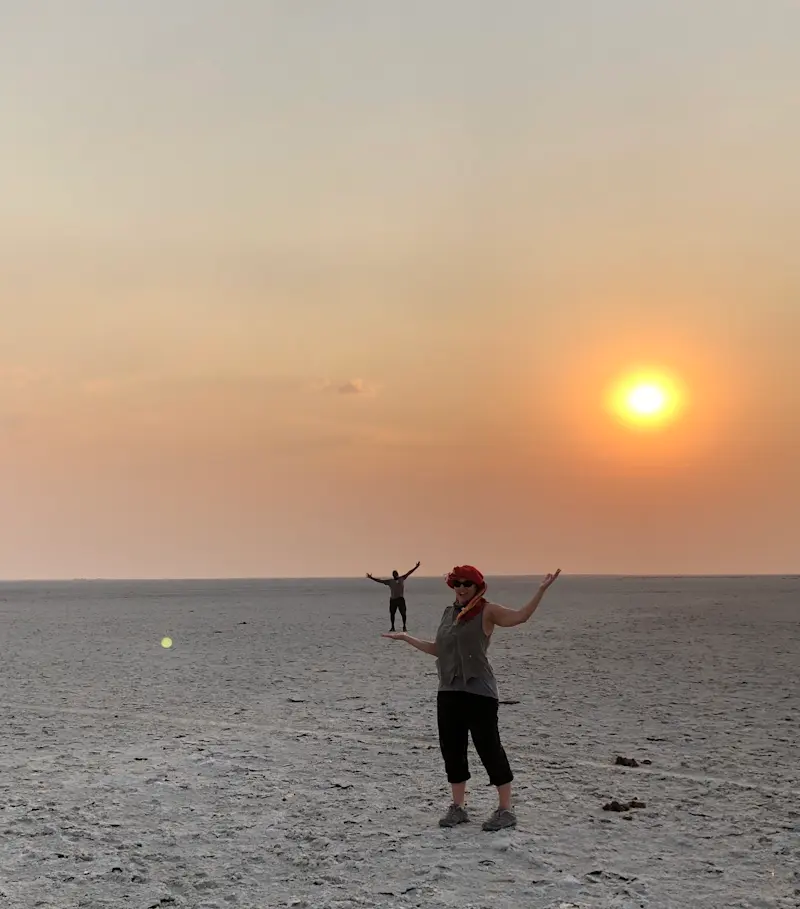 Playing with perspective on the salt pans of Makgadikgadi National Park, Botswana.