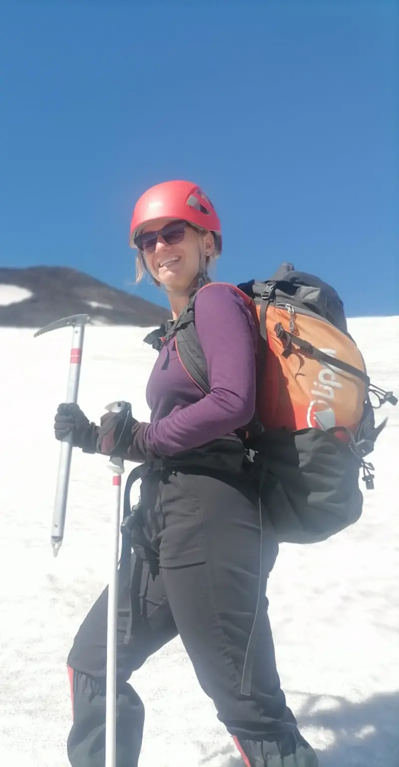 Hiking on the Villarrica (an active volcano and glacier!) in Chile.