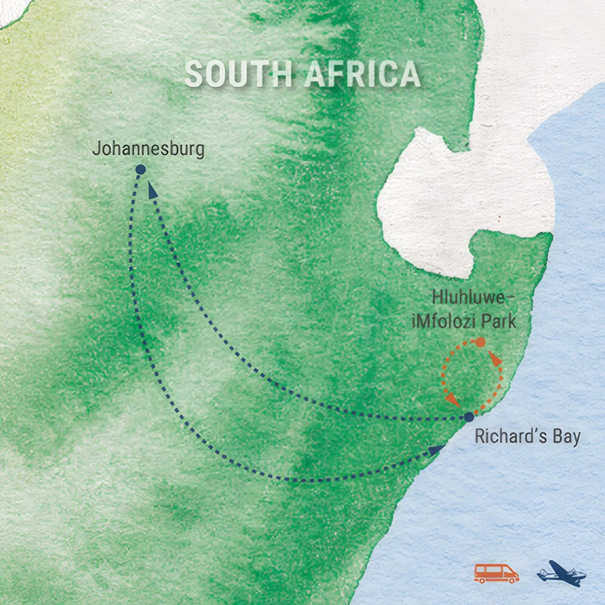 Trip map for Walking with Wildlife in South Africa
