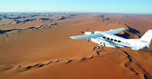 Bush plane flying over the Namib Desert, Namibia.