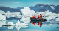 Nat Hab guests on Zodiac cruise, Sermilik Fjord, Greenland.