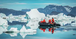 Nat Hab guests on Zodiac cruise, Sermilik Fjord, Greenland.