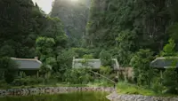 Limestone karsts at Jiva Hoa Lu Retreat, Ninh Binh, Vietnam.