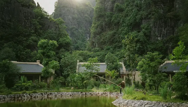 Limestone karsts at Jiva Hoa Lu Retreat, Ninh Binh, Vietnam.