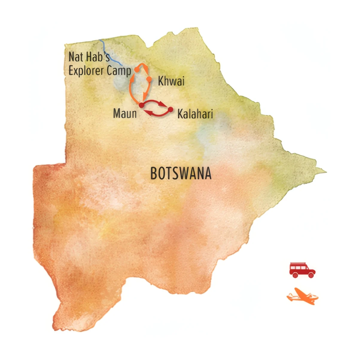 Trip map for Botswana Explorer Safari
