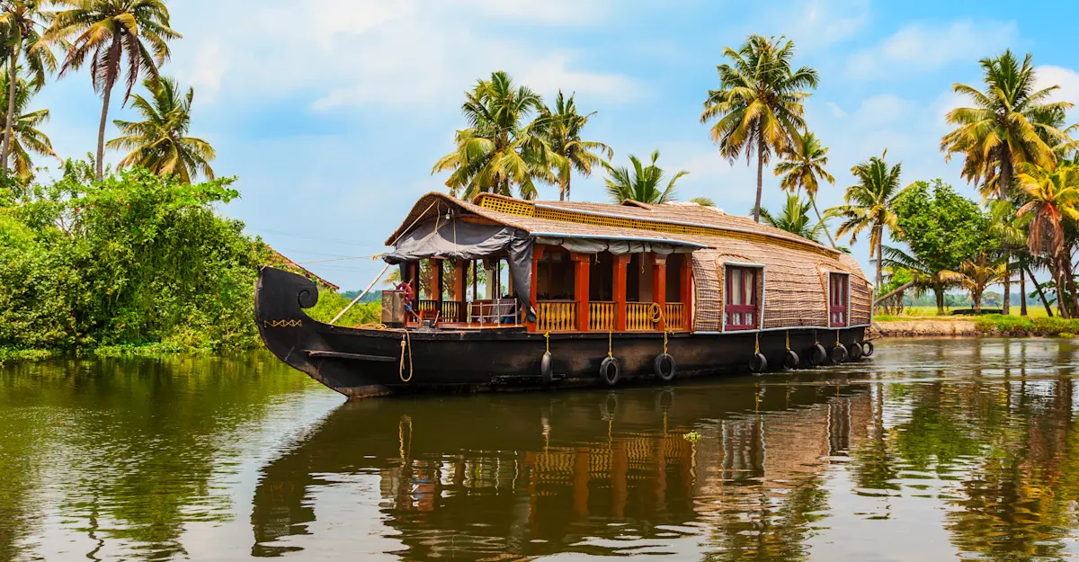 Houseboat in the Alappuzha backwaters, Kerala, India.