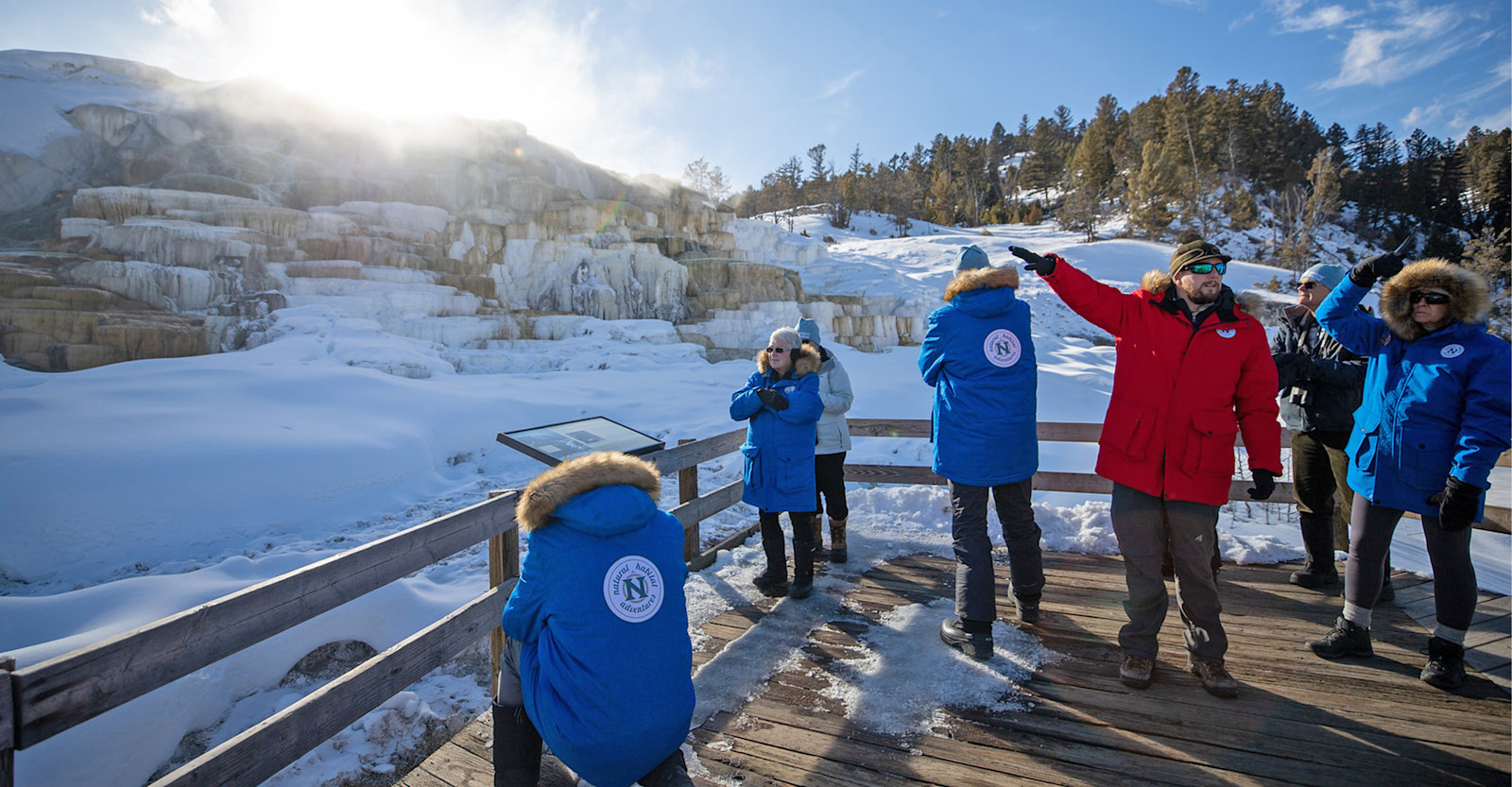 Nat Hab guests and Expedition Leader, Mammoth Hotsprings, Yellowstone National Park, Wyoming.