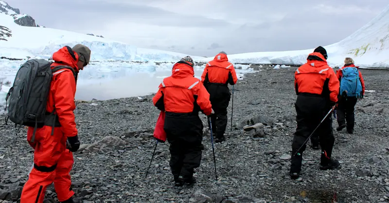 Nat Hab guests hiking, Antarctica.