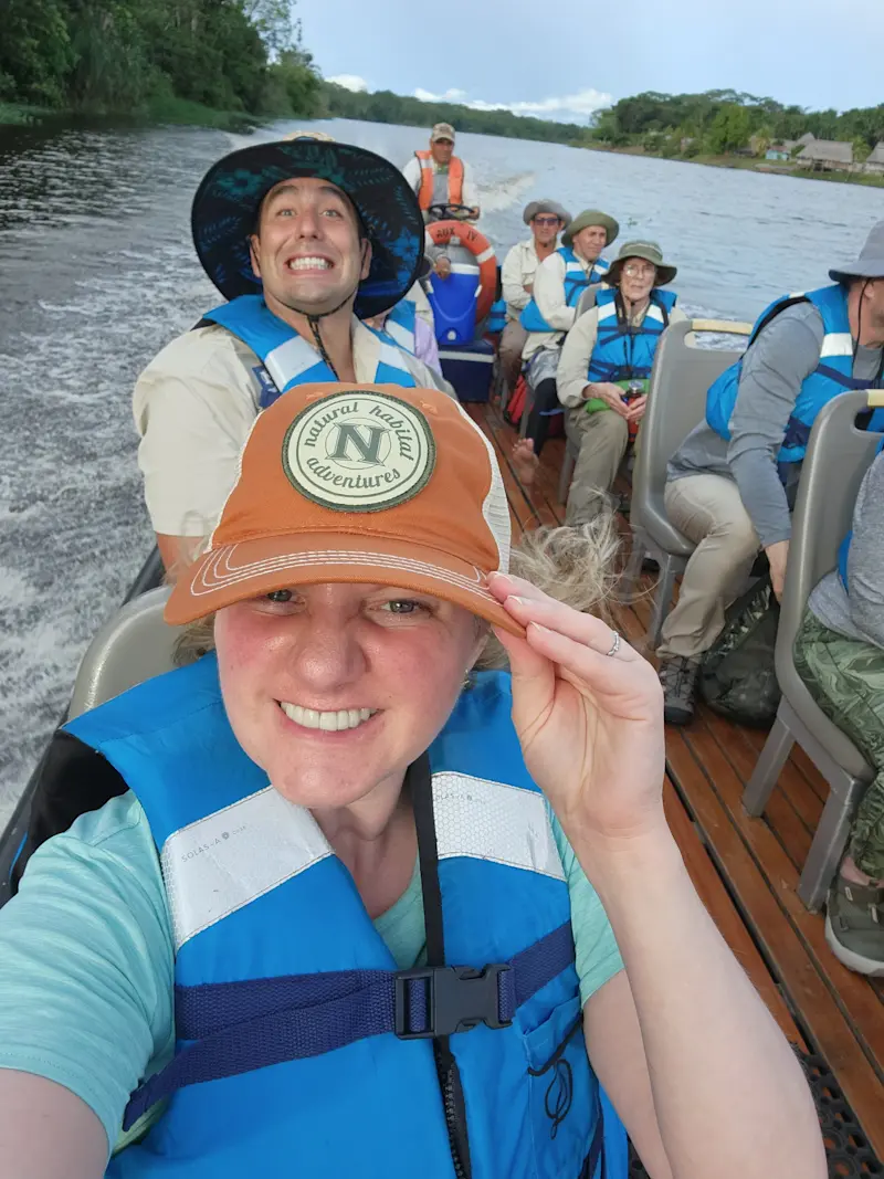 Skiff boat ride in the Peruvian Amazon.