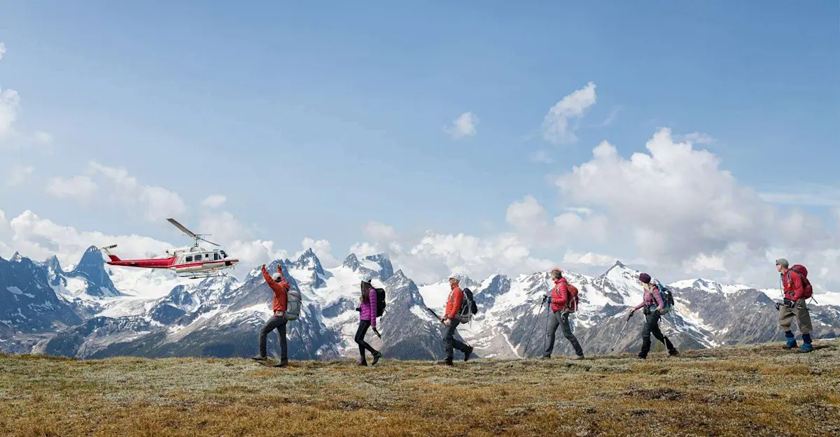 Guests heli-exploring in the Canadian Rockies, Alberta.