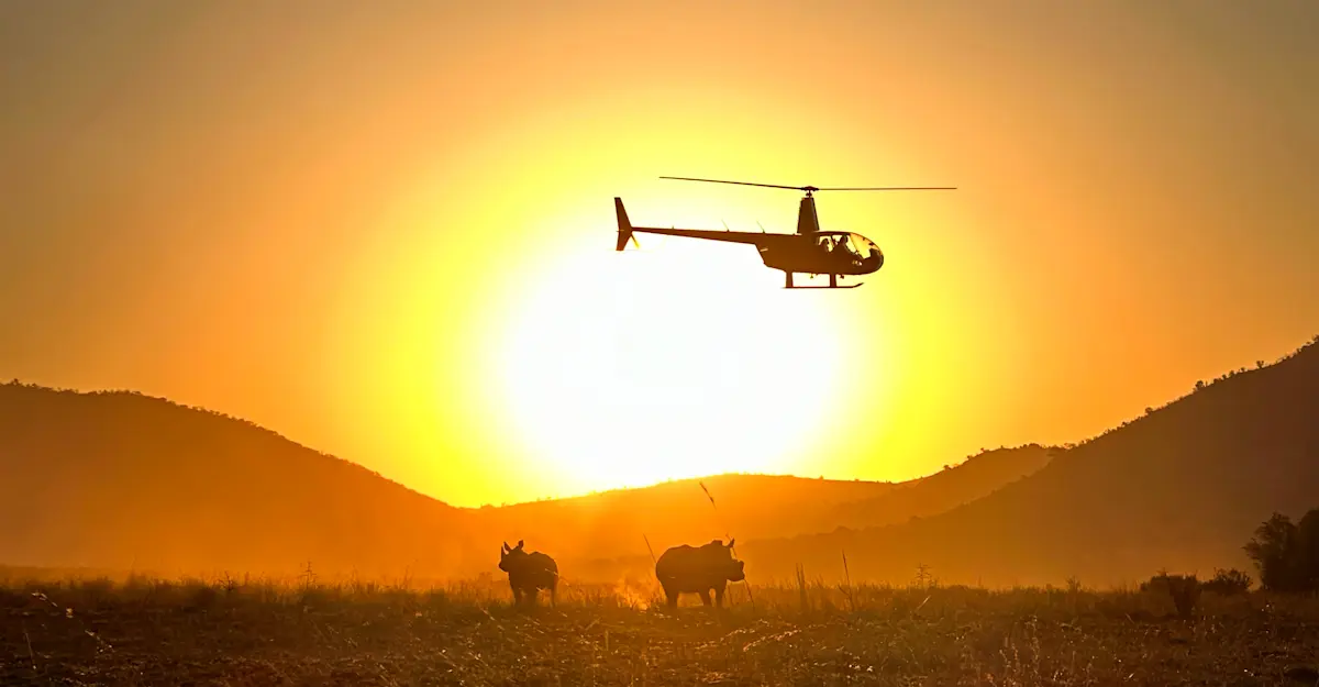 Helicopter tracking rhinos, South Africa.