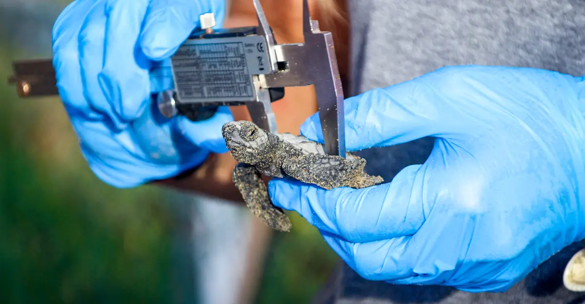 Earthwatch Expeditions Scientist measures leatherback hatchling, Playa Grande, Costa Rica.