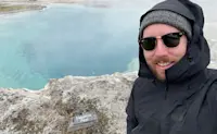 Hiking among the hot springs and geysers in Yellowstone National Park, Wyoming.