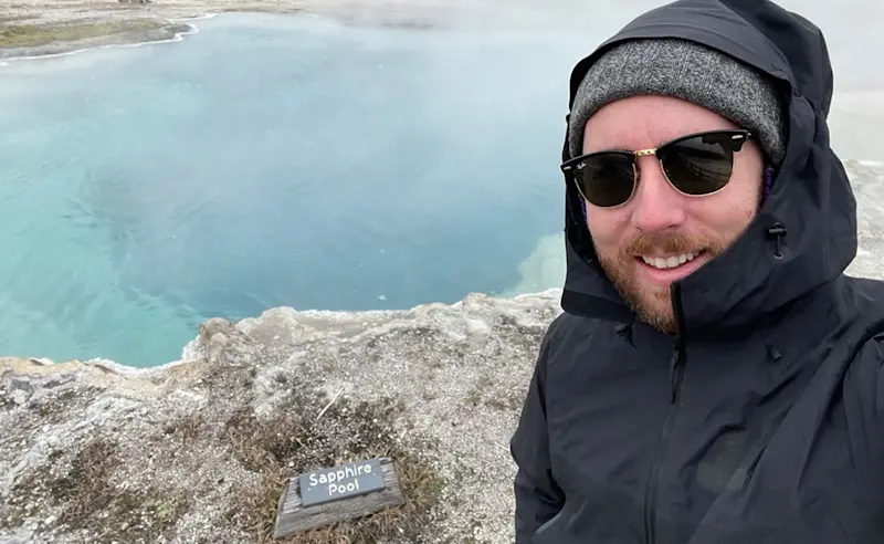 Hiking among the hot springs and geysers in Yellowstone National Park, Wyoming.
