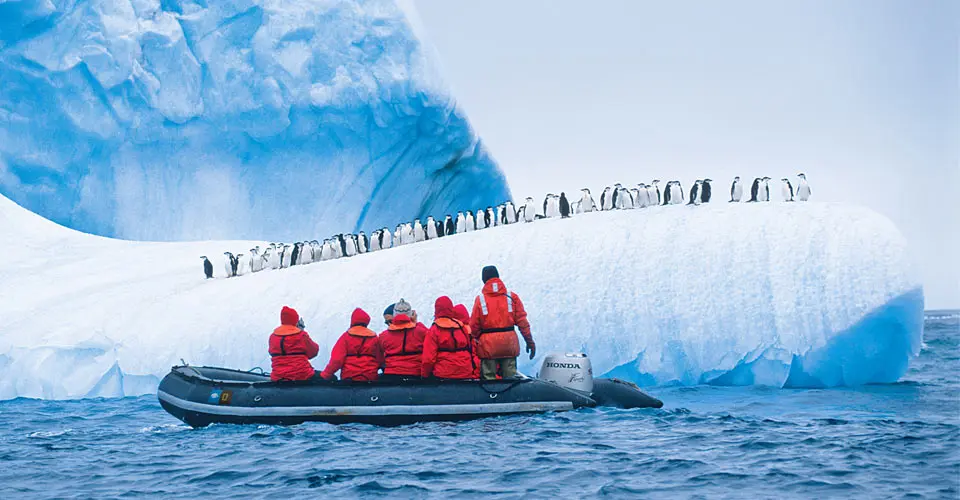 Guests in Zodiac view chinstrap penguins, Antarctica.