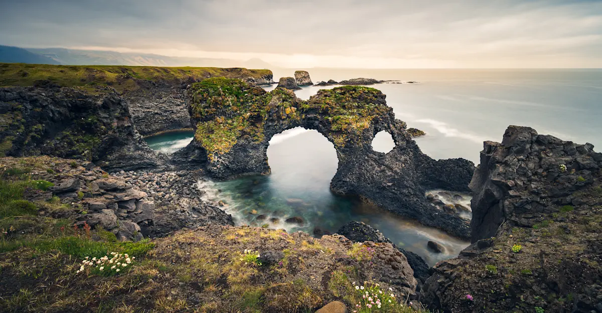Gatklettur natural basalt rock arch, Snæfellsnes Peninsula, Iceland.