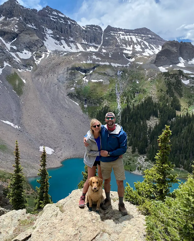 My wife, our golden retriever, Harper, and I hiking Blue Lakes Trail near Ridgway, Colorado. 