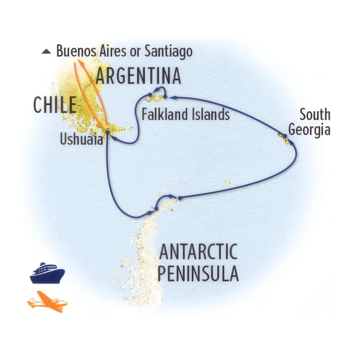 Trip map for Antarctica, South Georgia & the Falklands