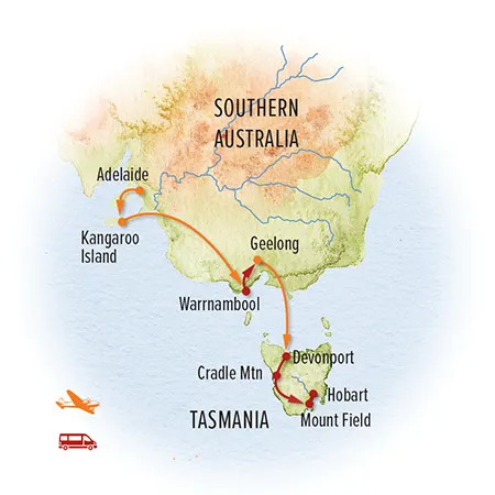 Trip map for Australia South: Tasmania, Kangaroo Island & the Great Ocean Road