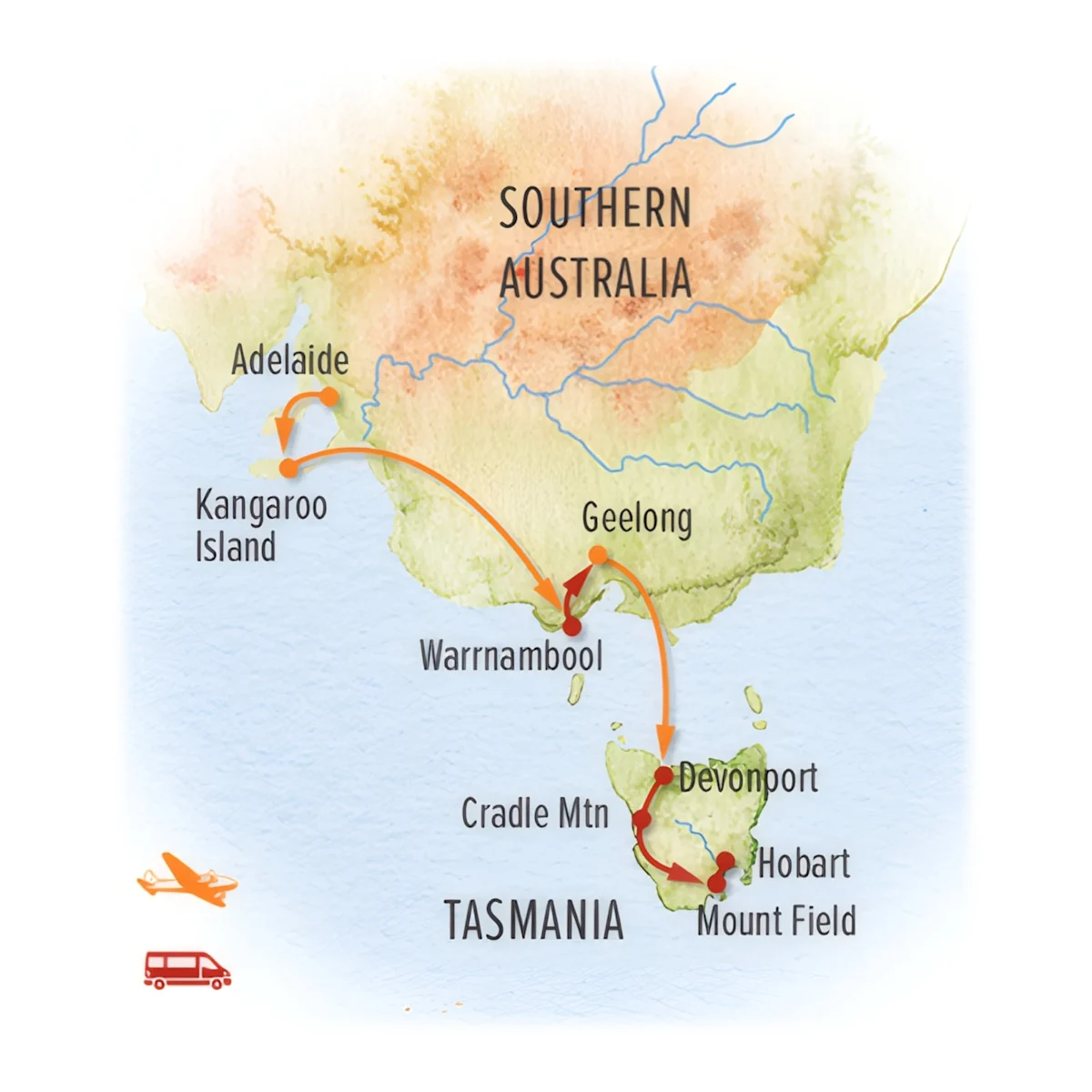 Trip map for Australia South: Tasmania, Kangaroo Island & the Great Ocean Road