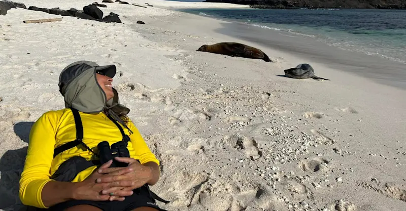 Out on the sand enjoying the sun in Galapagos.
