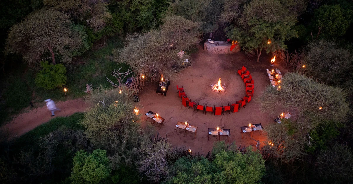Aerial view of fire pit in the evening