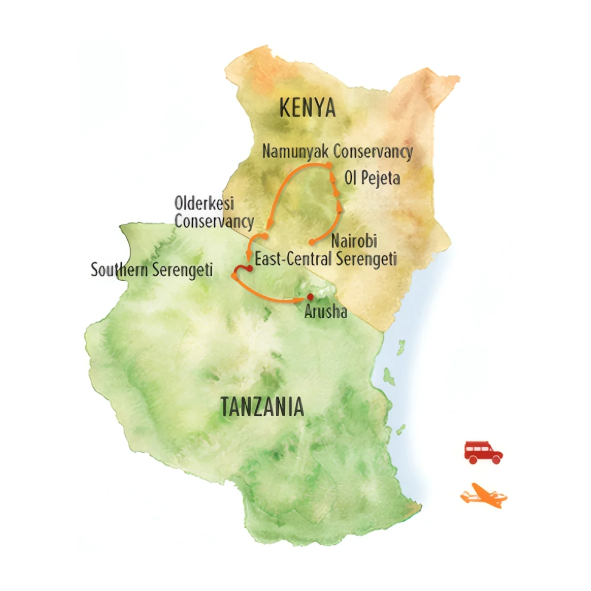 Trip map for Pride of East Africa: Kenya & Tanzania