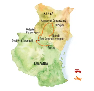 Trip map for Pride of East Africa: Kenya & Tanzania