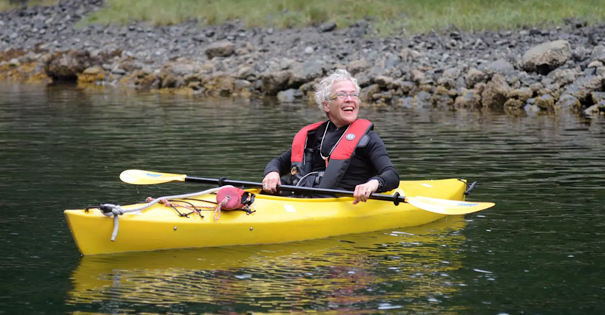 Nat Hab guest kayaking, Haida Gwaii, British Columbia.