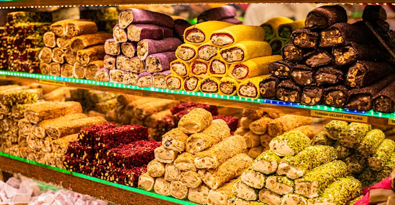 Turkish lokum at the Spice Market, Istanbul, Turkey.