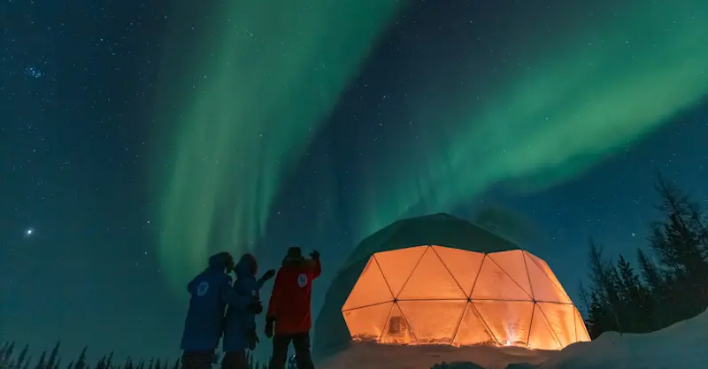 Nat Hab guests and Aurora Sphere, Churchill, Manitoba.