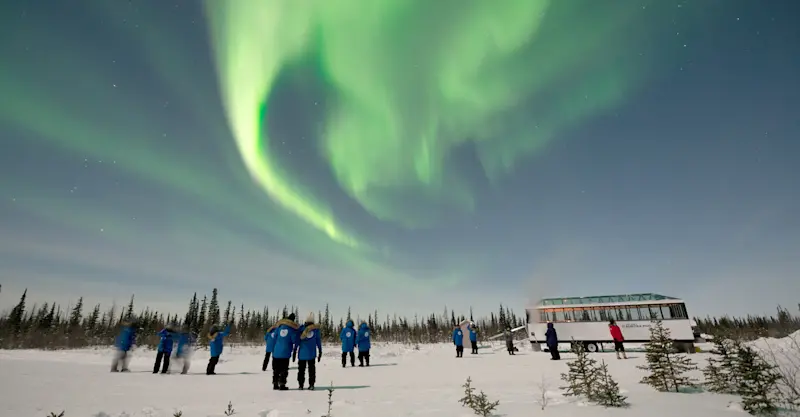 Travelers viewing northern lights outside Nat Hab's Aurora Pod®