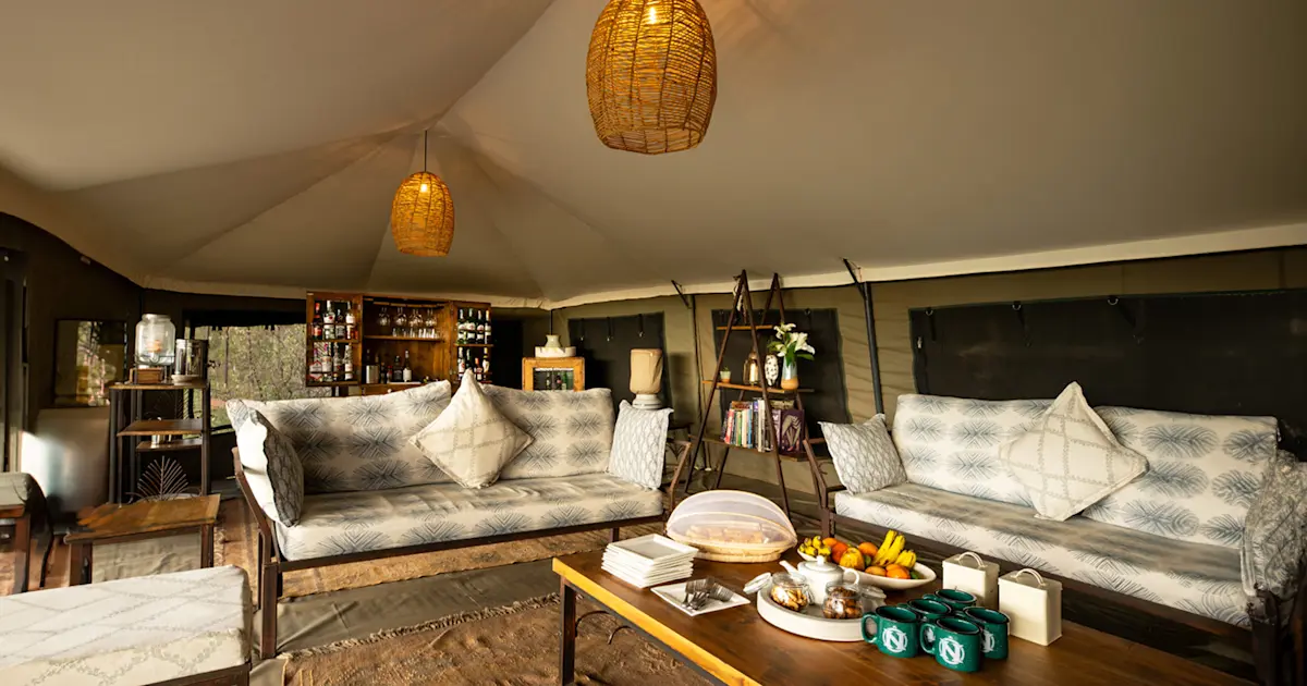 Lounge area at Nat Hab’s Mara East Camp, Private Mara Conservancy, Kenya.