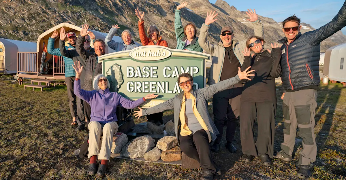 Nat Hab guests at Nat Hab's Base Camp Greenland, East Greenland.
