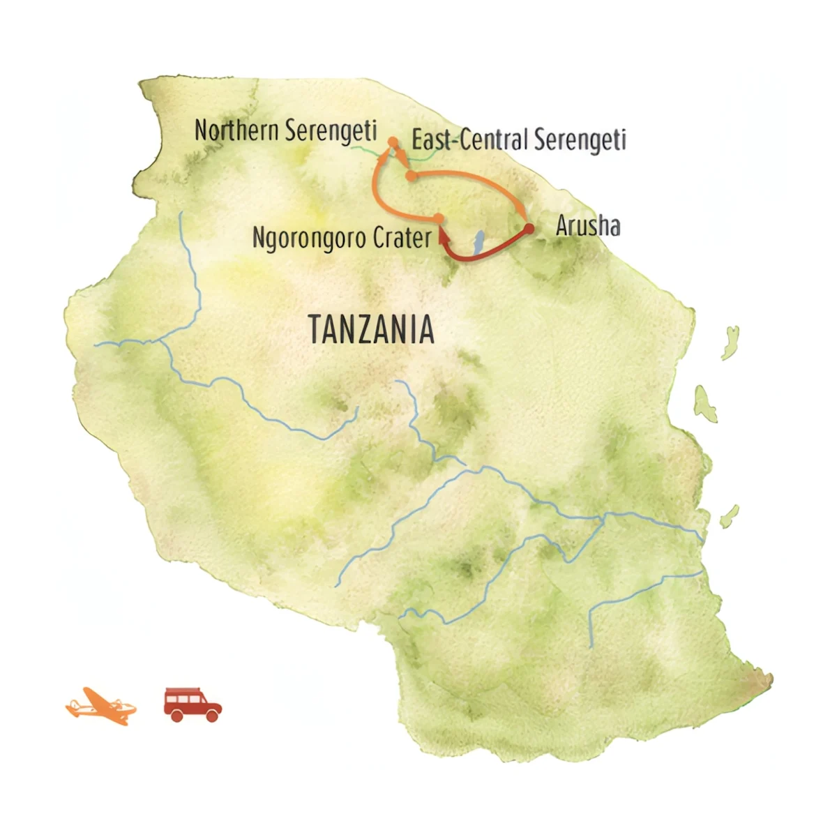 Trip map for Tanzania’s Great Migration & Ngorongoro Crater