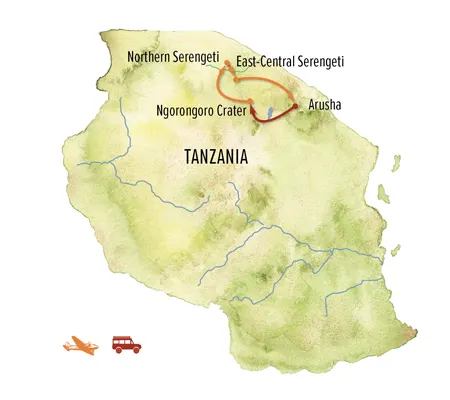 Trip map for Tanzania’s Great Migration & Ngorongoro Crater