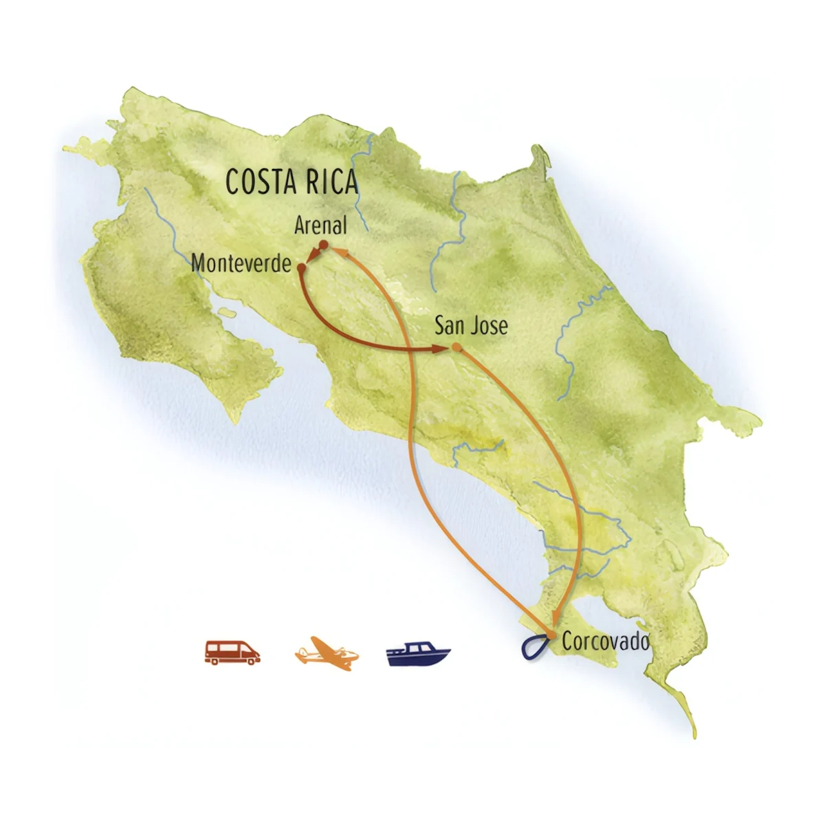 Trip map for Natural Jewels of Costa Rica
