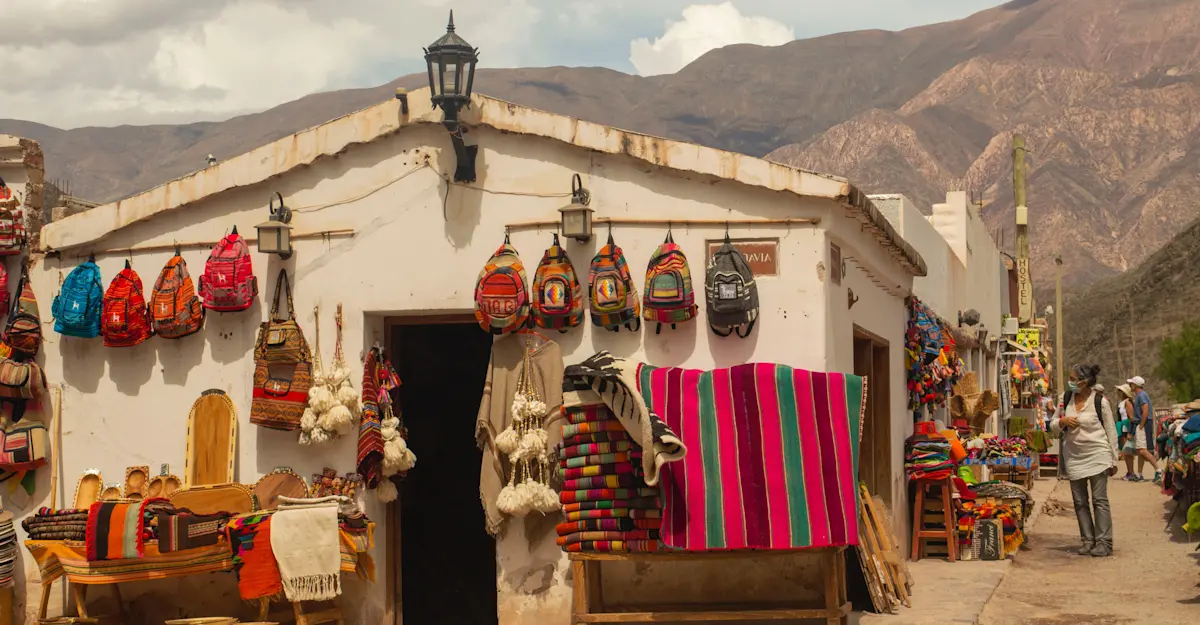 Colorful textiles and handicrafts at a street market in Purmamarca, Argentina.