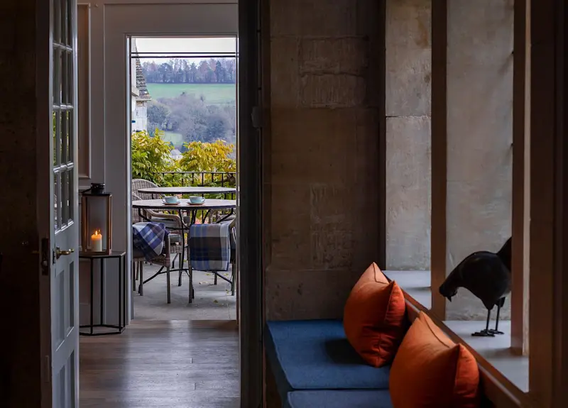 View from interior lounge to outdoor patio