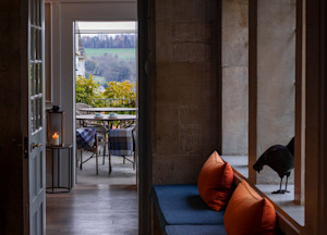 View from interior lounge to outdoor patio