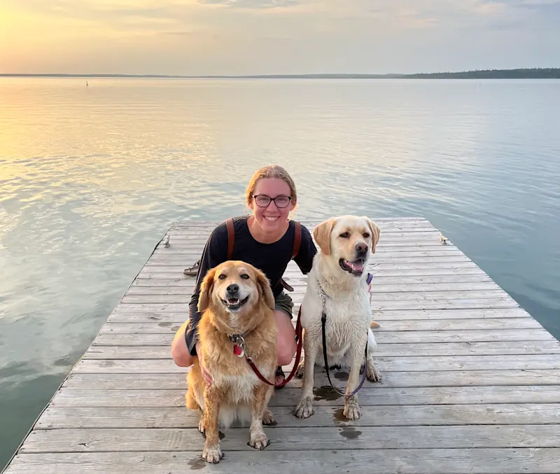 Enjoying Clear Lake with my dogs in California.