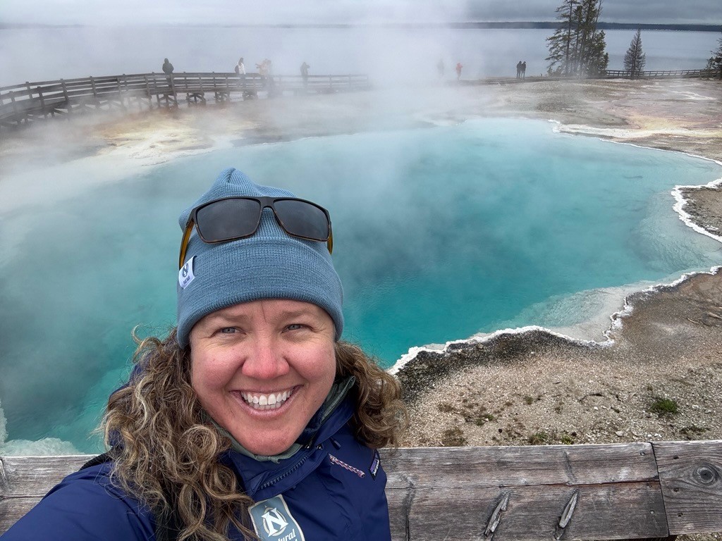Hiking among the hot springs and geysers in Yellowstone, Wyoming.