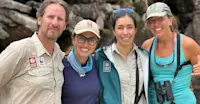 Exploring with Nat Hab colleagues Fernando, Sofia, and Josy in the Galapagos.