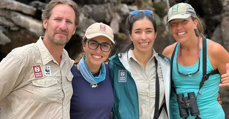 Exploring with Nat Hab colleagues Fernando, Sofia, and Josy in the Galapagos.