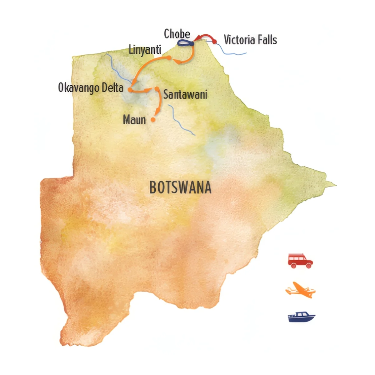 Trip map for Secluded Botswana Safari