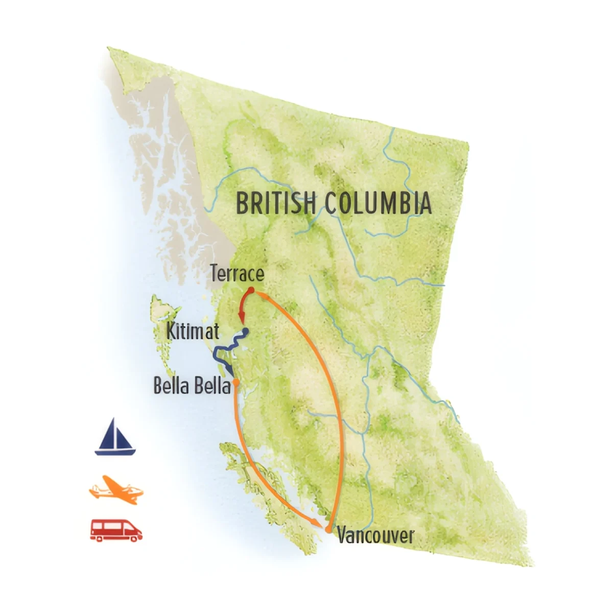 Trip map for Great Bear Rainforest: In Search of Spirit Bears, Grizzlies & Whales