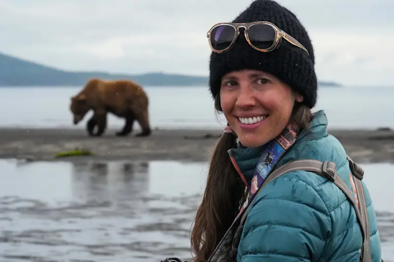 Photo op with a Katmai brown bear in Alaska.
