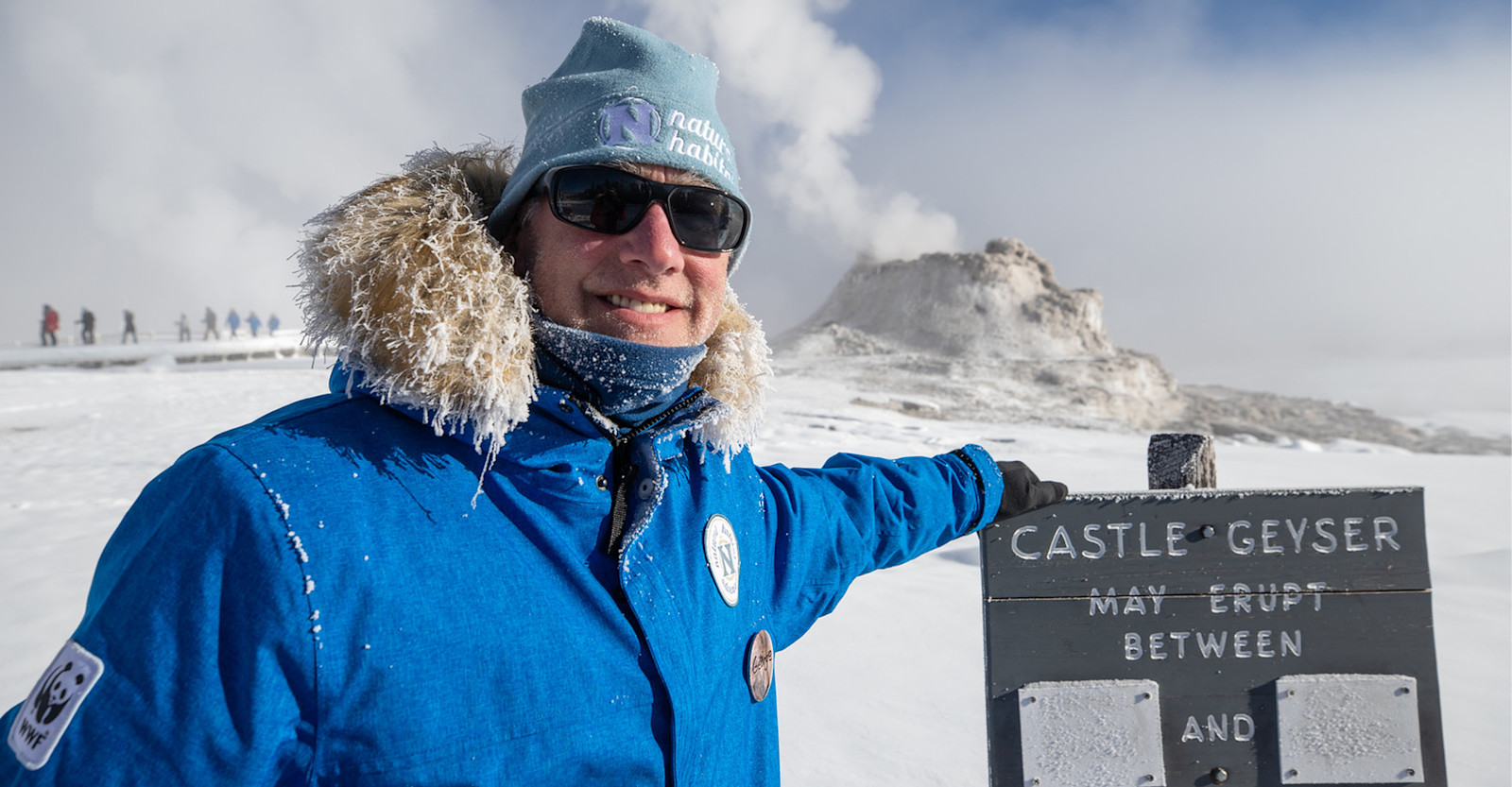 Nat Hab guest, Castle Geyser, Yellowstone National Park, Wyoming.