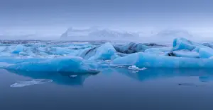Fresh icebergs float in a lagoon in Jokulsarlon, Iceland.